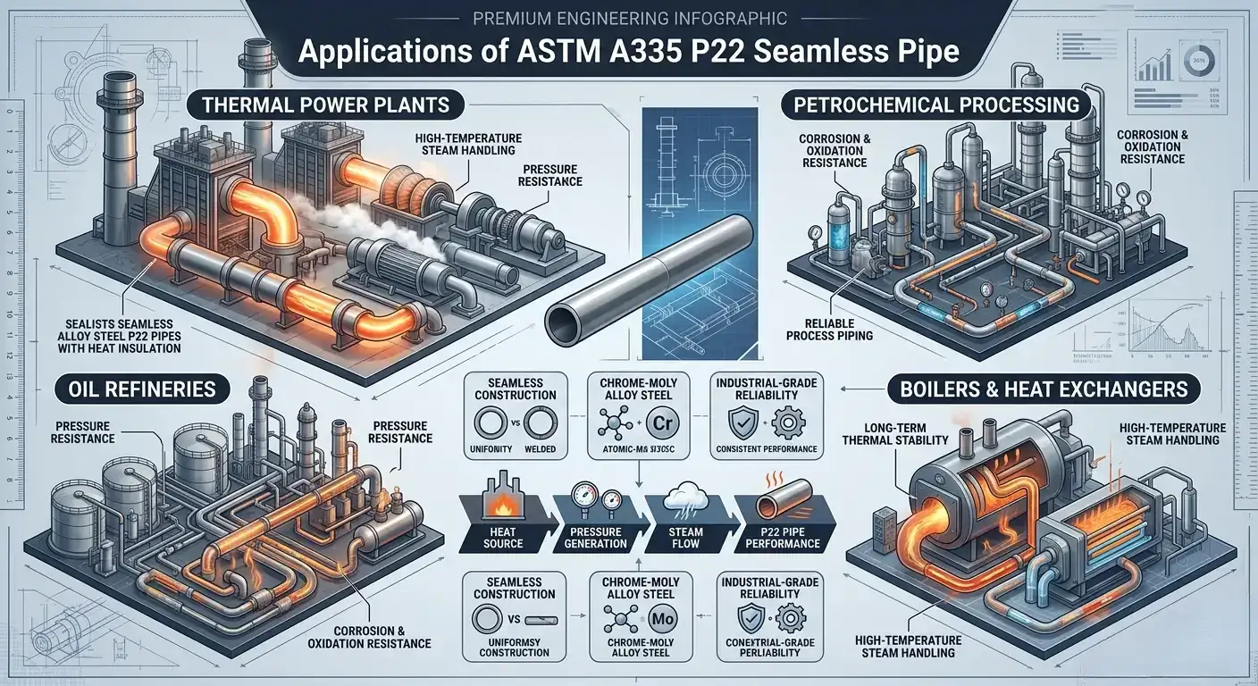 ASTM A335 P22 seamless pipe stockist application infographic for power plants, refineries, petrochemical industries, boilers, and heat exchangers